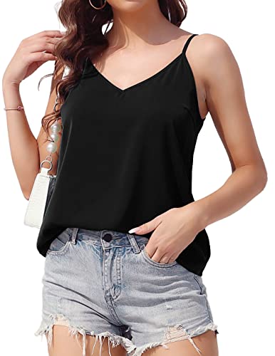 Tasamo Women's V Neck Tank Tops Cute Chiffon Cami With Adjustable Loose Spaghetti Straps (Large, Black) #TOP4