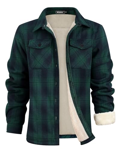 WULFUL Men's Flannel Shirts Jacket Casual Button Down Plaid Outerwear Coat Long Sleeve Fleece Shacket lightweight