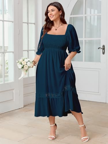 Image of SCOMCHIC Women's Plus Size Boho Maxi Dress Short Sleeve Square Neck Smocked Flowy A-Line Lace Trim Wedding Guest Dresses