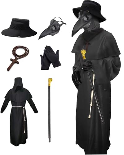 Nicexx Plague Doctor Mask Costumes Set 6 in 1 Halloween Beak Mask Plague Dr Outfit for Adults (X-Large)