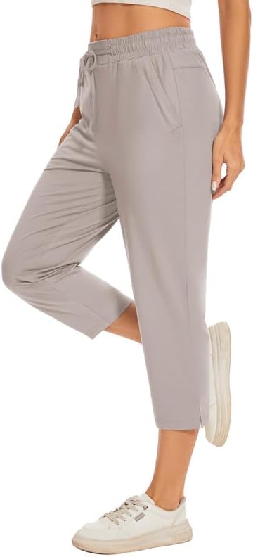 Women Casual Capris 21″ with Deep Zipper Pockets Drawstring Comfy Tapered Sweatpants for Golf Athletic Travel Work