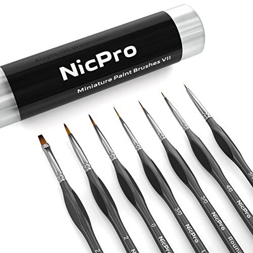 Nicpro Miniature Detail Paint Brush Set, 7 Black Micro Professional Small Fine Painting Brushes For Watercolor Oil Acrylic,Craft Scale Models Rock Painting & Paint By Number For Adult With Holder Bag #TOP3