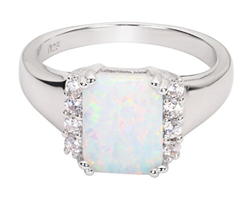 CloseoutWarehouse Rectangle Simulated Opal and Cubic Zirconia Ring Sterling Silver (Color Options, Sizes 4-15)3