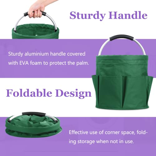 Image of 2-Pack Cleaning Supply Caddy with 6 Side Pockets, 17L Foldable Bucket Organizer Storage Tote with Handle, 600D Oxford Tool Bag for House, Dorm, Garden, Bathroom, Green