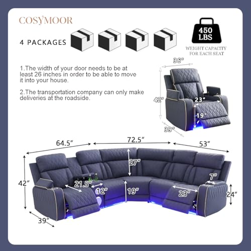Image of Power Reclining Sectional Sofa Set with LED Light, Blue Grey Sanded Leather Sectional Couches, Living Room Furniture Sets, Power Recliner Sofa Sets with 3 Recliner Seater for Living Room