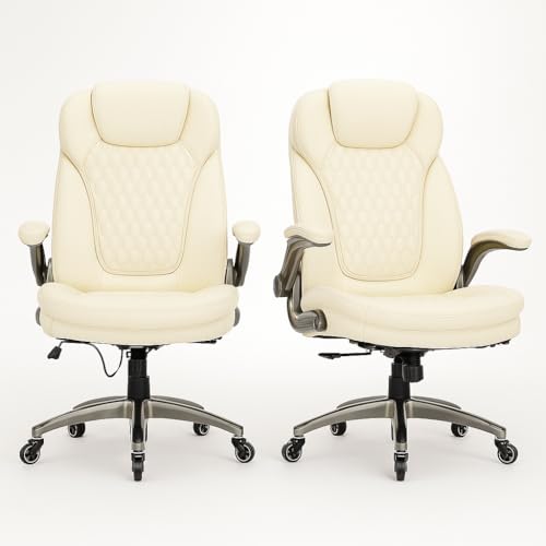 Image of COLAMY Ergonomic Office Chair, Set of 2 Boxes, High Back Leather Desk Chair with Flip-up Arms, Adjustable Height & Rocking Function, Silent Wheels, Ivory Executive Computer Chair, 300lbs Capacity