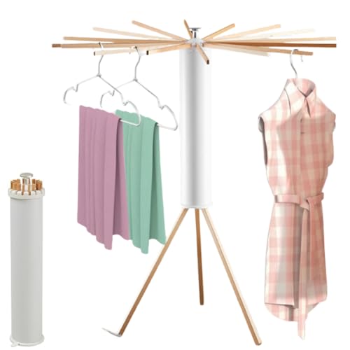 Ausla Clothes Airer, Collapsible Tripod Clothes Drying Rack Clothes Horse Hanger Cypress Wood Washing Line Pole Laundry Dryer Rack, Holds 16 Hangers 112cm Height 40kg Capacity