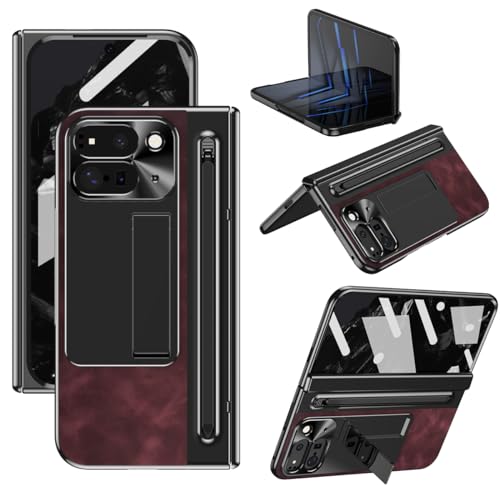 Coque Google Pixel 9 Pro Fold rouge en cuir avec béquille et fente stylo