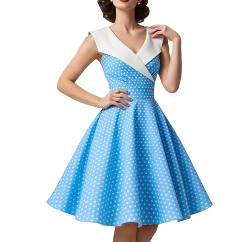 HIGAKI Womens 1950s Dress Tea Party V-Neck Sleeveless Dress(DR0065BU S)