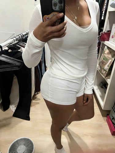 Image of Dressmine Sexy Pajamas Set for Women Spring Pj Lounge Sets 2 Piece Cute Sleepwear Long Sleeve V Neck Y2K Tops Shorts