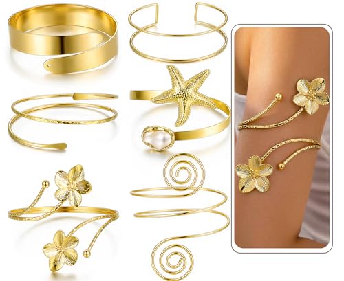 17KM 6PCS Gold Arm Cuff Bracelets for Women Boho Statement Gold Upper Arm Bangle Band Armlet Open Adjustable Cuff Bracelet set Stackable Jewelry