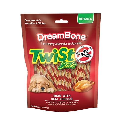 DreamBone Chicken Twist Stick Dog Treats Daily Rawhide-Free Chew Digests Safely and Completely with Real Protein Chicken and Veggies 100 Count