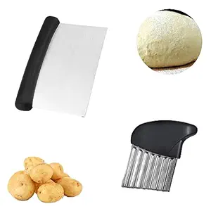 Dough Bench Scraper Cutter, Potato Wavy Crinkle Chopper French Fry Slicer, 2 Pack Stainless Steel Multi-purpose Kitchen Cutting Tools (Basic Version & Curved Handle)