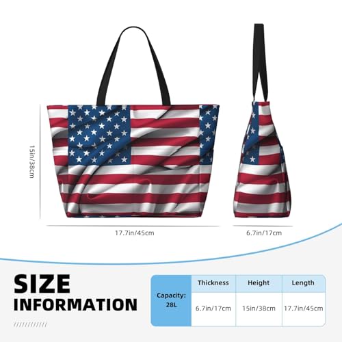 American Flag Large capacity beach bag with zipper, perfect for grocery bag pool gym travel shopping foldable beach travel bag,4