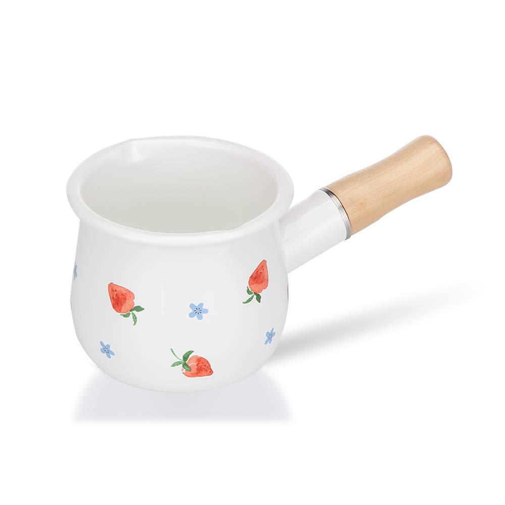 MDZF SWEET HOME 4-Inch Enamel Milk Pot Non-stick Mini Saucepan Butter Warmer with Wooden Handle Small Cookware 17Oz