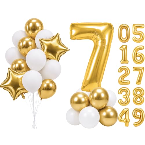 Image of PartyWoo Metallic Gold Number 7 Balloon 40 Inch 25pcs Gold Foil Star White