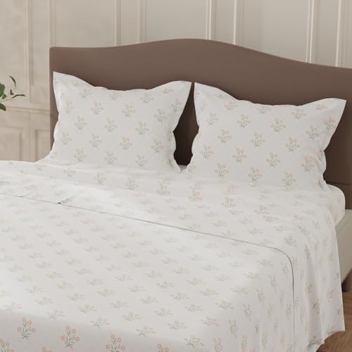 Image of Layers 100% Cotton Bedsheet for Double Size Bed | Lumina Floret Collection | 144 TC Soft & Breathable | Floral Print with 2 Pillow Covers | Wrinkle Free & Colorfast | 3 Piece Bedding Set - White & Red
