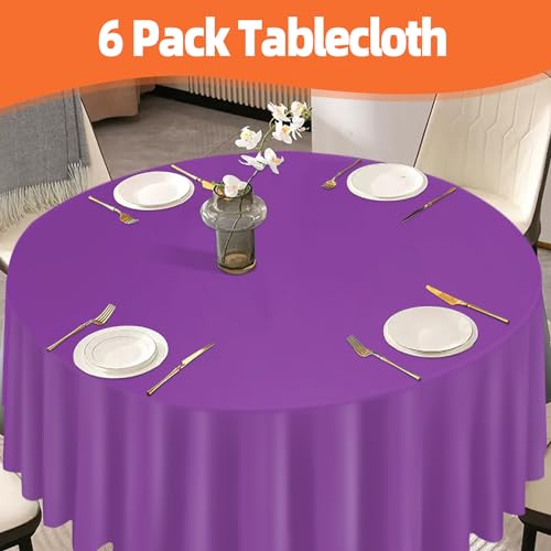 Image of Purple 6 Pack Plastic Table Cloth 84 inch, Disposable Round Tablecloth Table Cover, Plastic Tablecloths for Parties