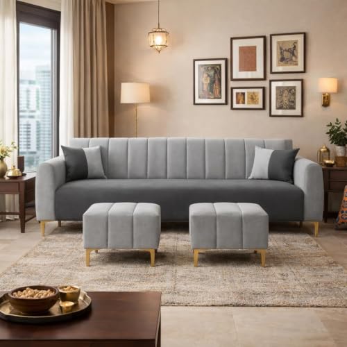 Image of Habibi 5 Seater L Shape Sofa Set with 2 Movable Ottomans | Flexible Layout | Rich Velvet Suede Fabric | Silver Legs | Modern Sofa for Living Room (Cream) (Dark Grey-Light Grey, Habibi)