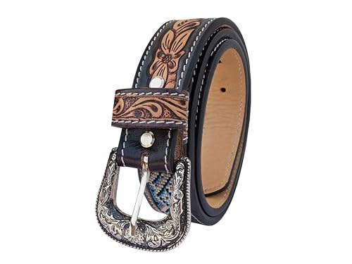 Western Beaded Belts For Young Adults Tooled Leather Heavy Duty Kids Beaded Belt 40IS1074
