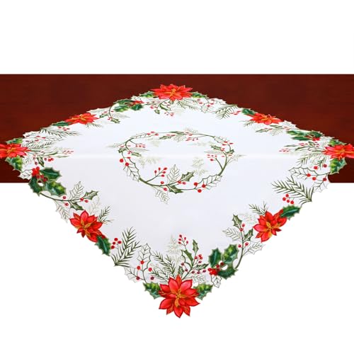 Simhomsen Embroidered Small Christmas Square Tablecloth, Toppers (Poinsettia and Holly Leaves)