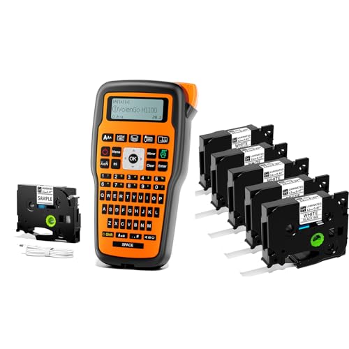 VolenGo Label Maker Machine with 5 Tapes, Industrial Label Maker Waterproof Labels, Wire Cable Label Maker, E1000 Labeler Machine with Tapes, Label Tape 12mm 0.47 White Laminated