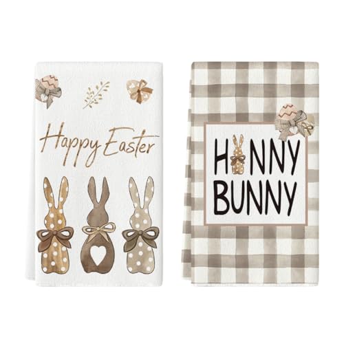 Artoid Mode Buffalo Plaid Carrots Wood Rabbit Hunny Bunny Happy Easter Kitchen Towels Dish Towels, 18x26 Inch Seasonal Spring Summer Holiday Decoration Hand Towels Set of 2