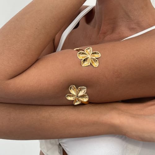 18K Gold/Silver Arm Cuff Jewelry for Women Adjustable Layered Bracelets Upper Arm Cuff Bangle Gold Waterproof Wristbands Bracelets Flower Hawaii‌an Bangles Boho Summer Beach Essentials Jewelry for Surf bro Surfer(2.95'' W x 0.63oz WT)3