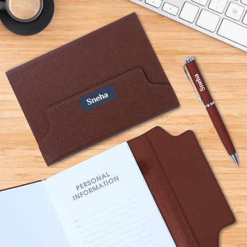 Image of Giftana Personalized Diary with Pen Gift Set for Men and Women, 2 in 1 Customized Leather Texture Folding Diaries Set for Husband, Father, Diwali Gifts, Personalised New Year Gifts for Employee- Brown