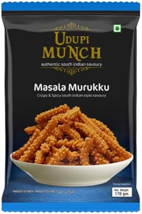 Chheda's Udupi Munch Masala Murukku 170g | Spicy South Indian Snack | Crunchy & Flavorful | 100% Vegetarian Namkeen | Authentic Indian Savory Treat