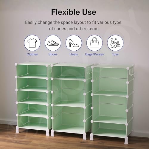 Image of BOXJOY 5 Shelf Plastic Shoe Rack with 5 Doors & 5 Hook Steel Holder (Green) | Shoes Stand Organiser with Feet, Metal Frame Door & Wooden Hammer for Home Storage to Cover Chappal Slipper Sandals