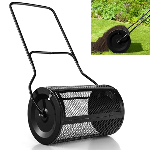 GiantexUK 27’’ Compost Spreader, Peat Moss Seeding Manure Fertiliser Garden Roller with U-shaped Handle & Side Clasps, Heavy Duty Metal Mesh Basket Top Dresser Lawn Spreader, 76L (Black)