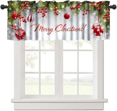 Christmas Snowflakes Kitchen Curtains Valance, Ribbon Bells Merry Xmas Holiday Window Treatment Valances for Kitchen Living Room Café Décor 54'x18', 1 Panel