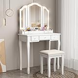 HOMEHIGH Vanity Desk with Lighted Mirror and Padded Stool, Dressing Table with 5 Drawers and 10 LED Bulbs, Makeup Vanity Set with Tri-Folding Mirror for Women/Girls, Modern White
