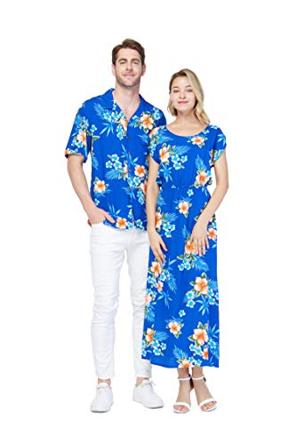 Image of Matchable Couple Hawaiian Luau Shirt or Maxi Simple Dress in Hibiscus | Sold Individually; Soft Rayon Fabric; Cap Sleeve Design; Signature Tropical Prints; Vacation Ready