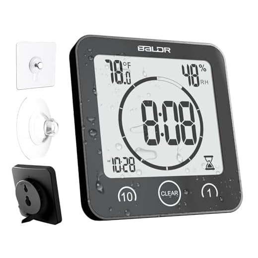 BALDR Digital Shower Clock with Timer - Waterproof Shower Timer - Bathroom Clock with Indoor Temperature - Battery Operated - Black