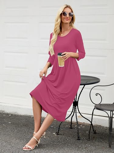 Image of Heymoments Women's Casual 3 /4 Sleeve Midi Dress Crewneck A Line Tiered Flowy Loose Travel Long Dresses with Pockets