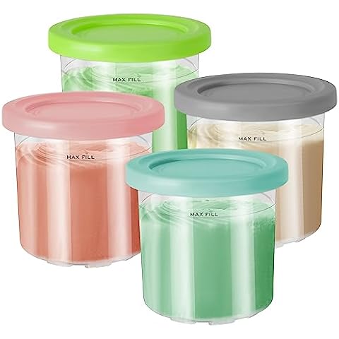 4 Pack Ice Cream Pint Containers, Replacement for Ninja Creami Pints and Lids, Compatible with NC299AMZ & NC300s Series Creami Ice Cream Makers, BPA Free, Dishwasher Safe, Grey/Pink/Green/Lake Blue Cover