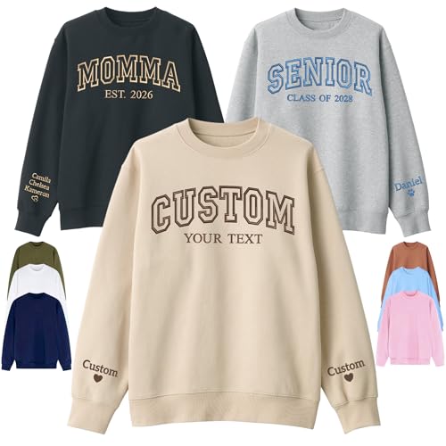 Customize Embroidered Sweatshirts and Hoodies Design Your Own, Personalized Sweatshirts & Hoodie for Everyone, Custom Text On Sleeve, Gift for Mothers Day, Birthdays, Christmas