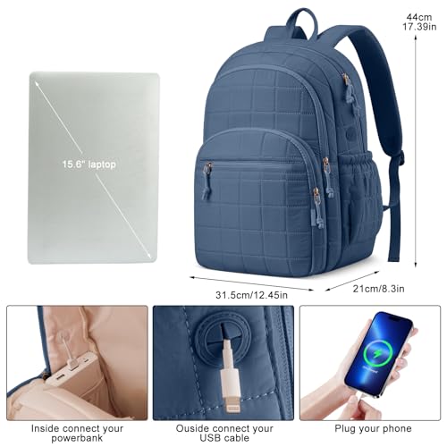 Image of kadilong Quilted Travel College Laptop Backpack for Women,Daypack Bookbag for School Teen Girls Mochilas Mujer,InkBlue