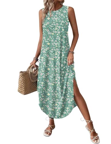 Image of Zeagoo Women Floral Summer Casual Beach Printed Tank Dress with Pockets Pleated Front Long Dress