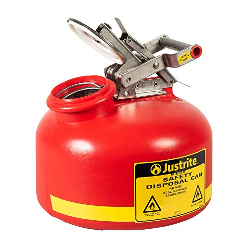 Image of Justrite 14265 Polyethylene Safety Liquid Disposal Can with Stainless Steel Hardware and Built-in Fill Gauge, 2 Gallon Capacity, Red