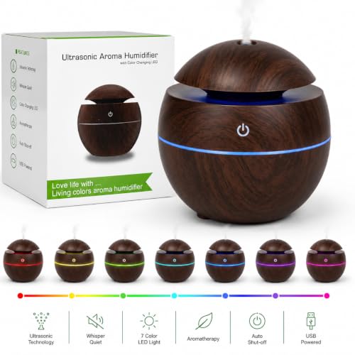 Image of Ultrasonic Aroma Humidifier 130ml USB Essential Oil Diffuser with 7 Color LED Light, Cool Mist Air Humidifier for Home, Office, Bedroom, Yoga, Spa & Car (Wood Grain)
