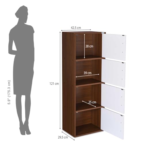 Image of Nilkamal Sear 4 Tier Wooden Storage Cabinet | Free Standing Book Shelf with 3 Doors & 3 Spacious Shelves | Engineered Wood | Organizer for Home & Office | Classic Walnut & White | DIY(Do It Yourself)