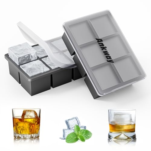 Ankway Lot de 2 grands bacs à glaçons en silicone avec couvercle pour 12 glaçons de 5 cm, sans BPA, empilables pour whisky, cocktail, Noir