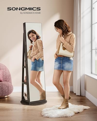 Image of SONGMICS 6 LEDs Mirror Jewelry Cabinet Organizer, 360 Swivel, Lockable | Frameless Full-Length Mirror with Storage, Jewelry Armoire, 3 Storage Shelves, Ash Brown Surface, Black Lining UJJC007K02
