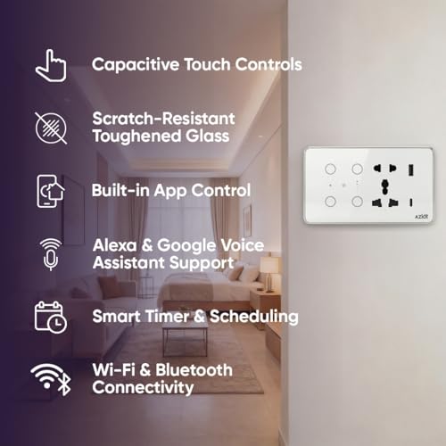 Image of AZIOT Smart Premium Toughened Glass Touch Switch Panel | Elevate 4 Module (2 Switch + Fan + Socket) | WiFi + BLE | No Hub Required | Compatible with Alexa, Google Assistant & Siri | White