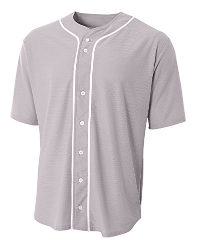 A4 NB4184 Short Sleeve Full Button Baseball Jersey, Gray, Large