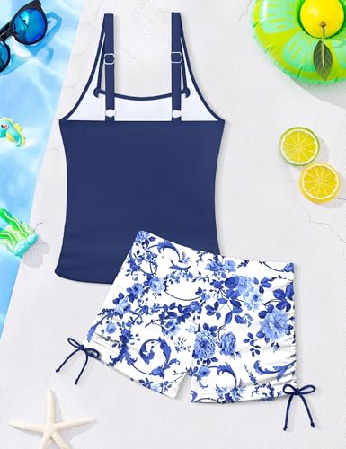Image of Girls Tankini Swimsuit 2 Piece Bathing Suit Twist Cross Back Cutout Swim Tank Top Floral Print Swimwear for 7-18Y