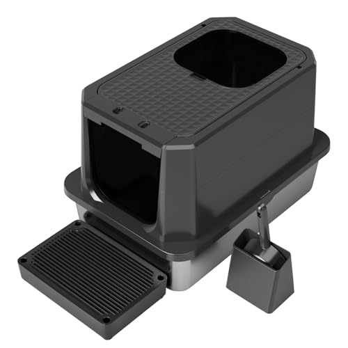 RZPET Enclosed Cat Litter Box: Large Stainless Steel Anti Leak Design - All Black - Controls Odor for Indoor Use